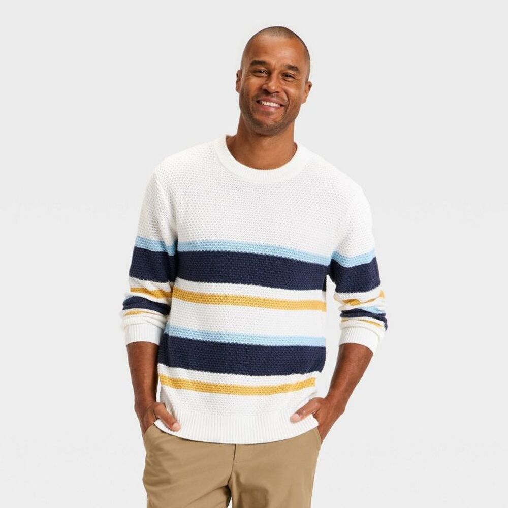Men's Textured Crewneck Sweater - Goodfellow & Co Cream/Navy/Gold Striped M